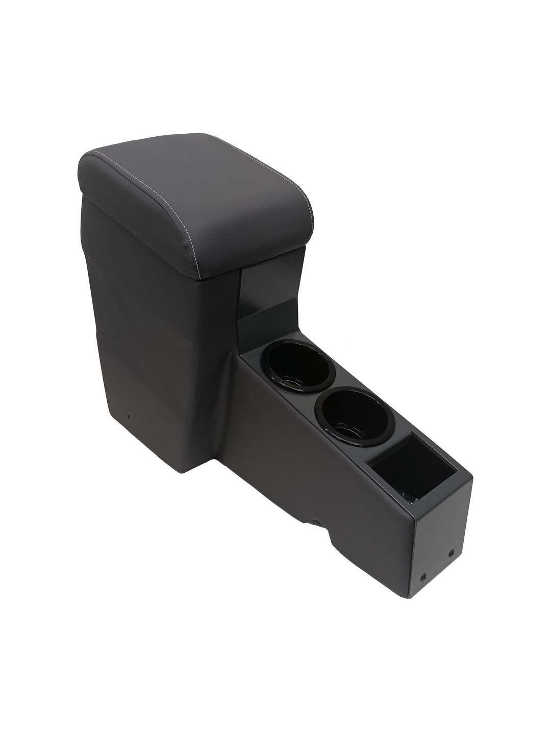 A black half centre console designed for a Landcruiser 70 Series vehicle, featuring multiple cup holders and storage compartments.